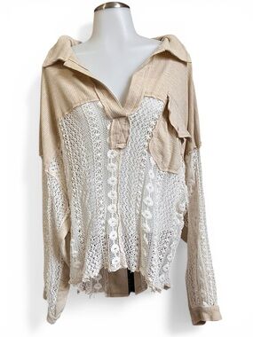 Large POL Tan Cream White Floral Crochet Collared Blouse 100% Cotton Long Sleeve